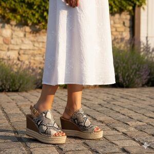 Soda Black and Tan Snake Print Wedges